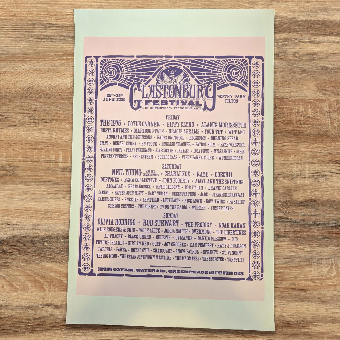 2025 PINK LINE UP GLASTONBURY FREE PRESS POSTER