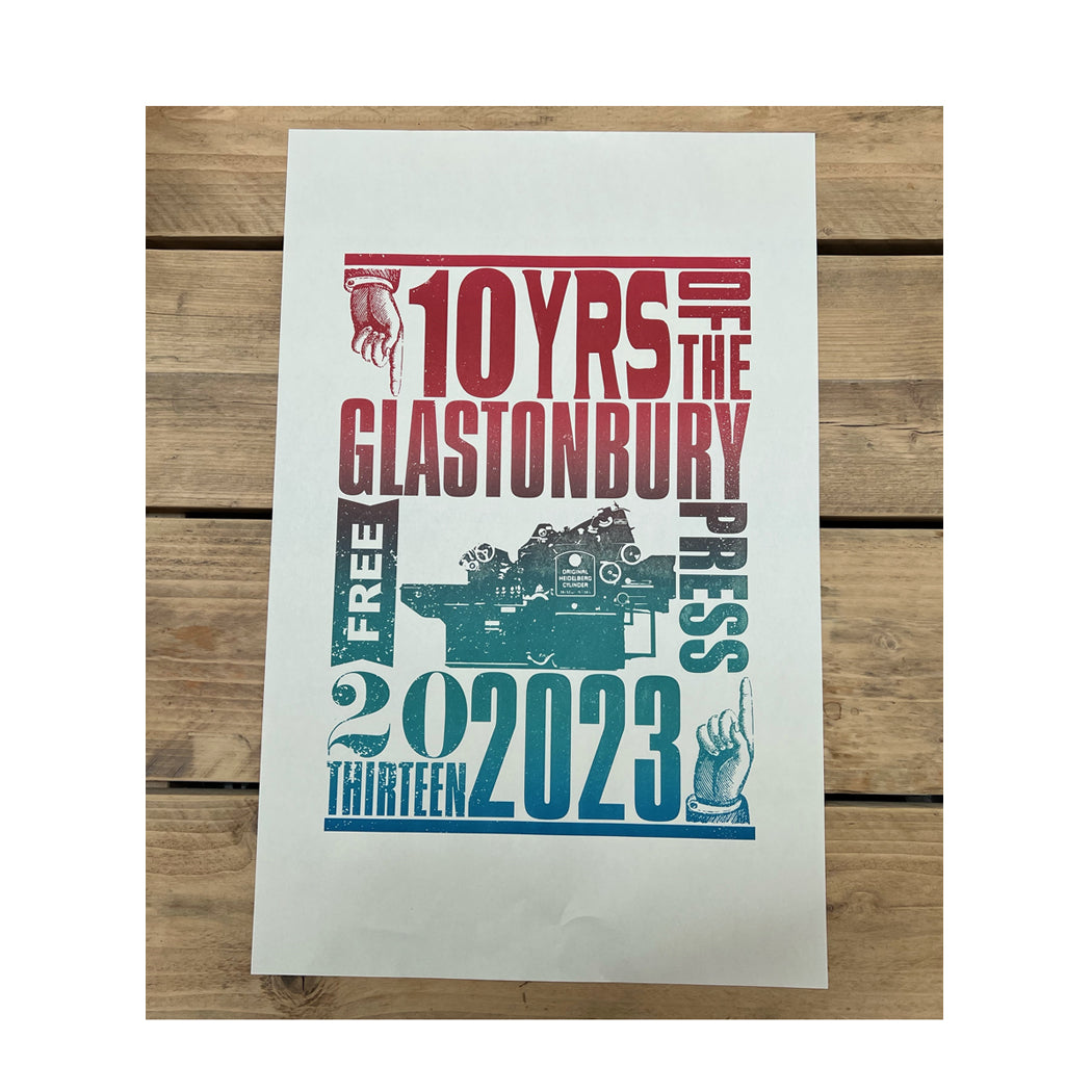 2023 COLOUR 10 YEARS OF THE GLASTONBURY FESTIVAL FREE PRESS POSTER