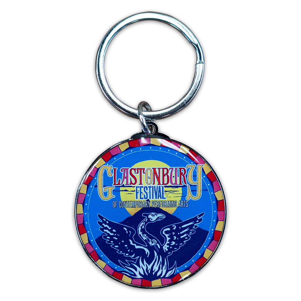 Colorful keychain featuring the Glastonbury Festival logo with a phoenix design.