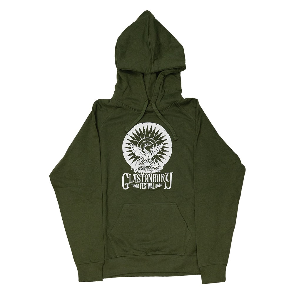 Green hooded sweatshirt with a circular logo featuring a fish design.