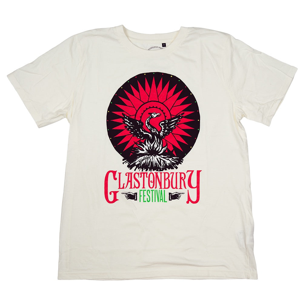 White t-shirt featuring a Glastonbury Festival logo with a stylized phoenix design.