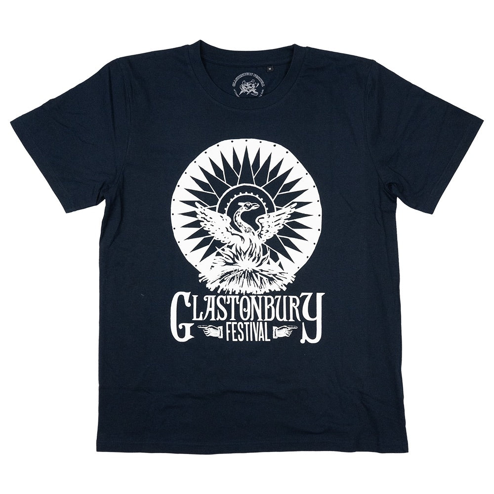 Navy blue t-shirt featuring a white Glastonbury Festival logo design.