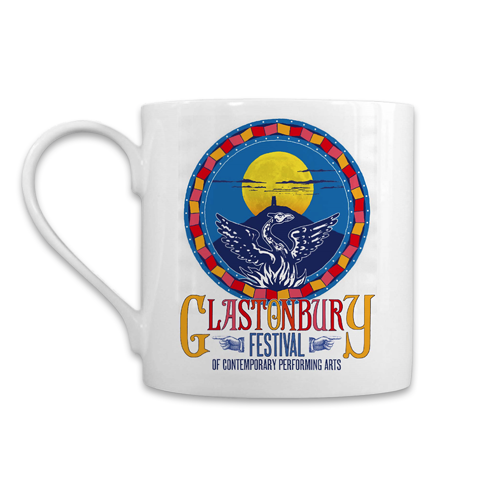 White ceramic mug featuring the Glastonbury Festival logo and text.